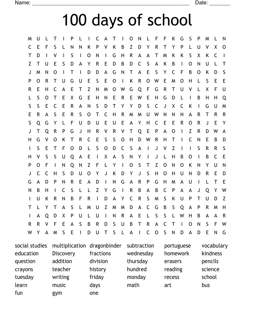 100 Days Of School Word Search WordMint