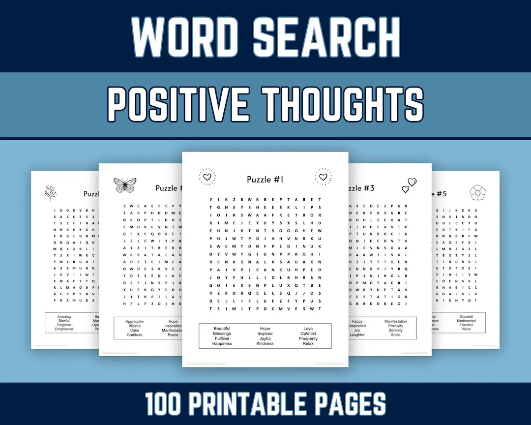 100 Printable Word Search Puzzles Positive Thoughts Uplifting Words Motivational Messages For Kids Adults Seniors PDF Download Etsy