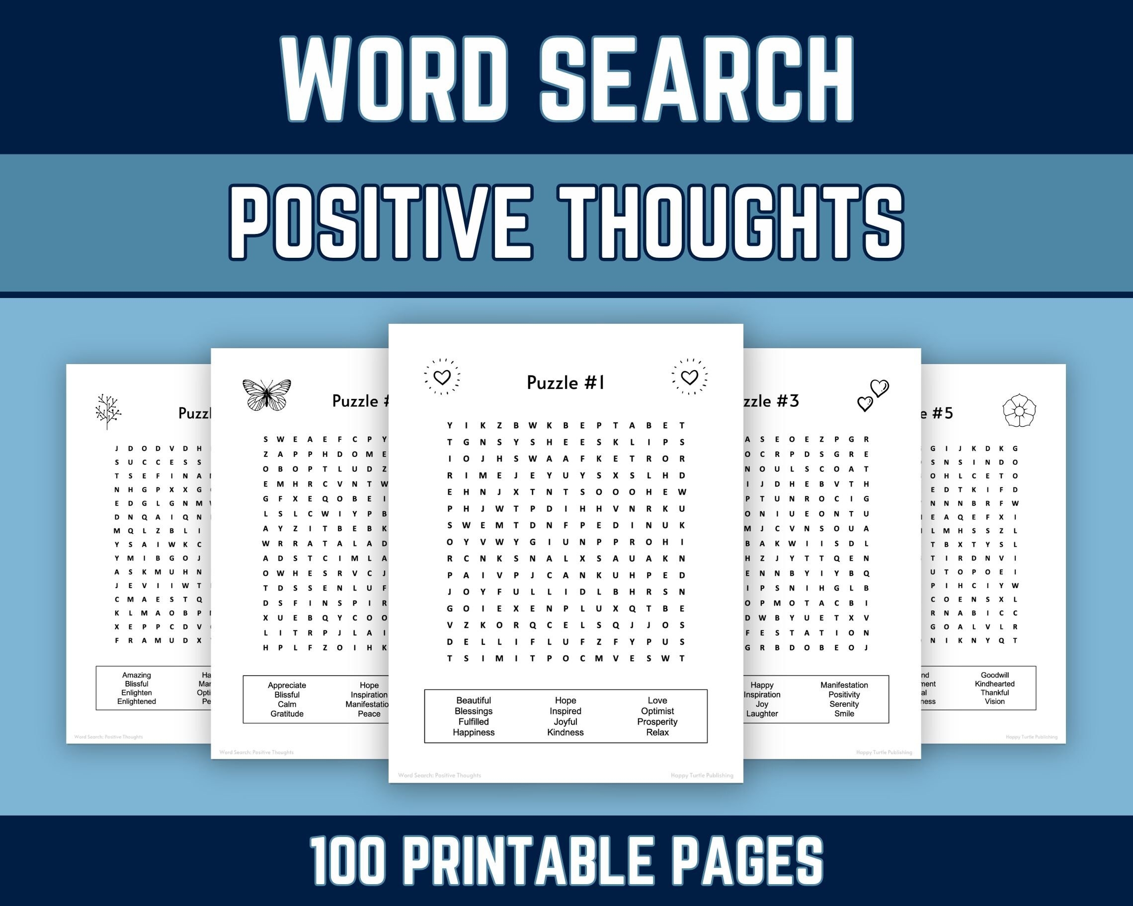100 Printable Word Search Puzzles Positive Thoughts Uplifting Words Motivational Messages For Kids Adults Seniors PDF Download