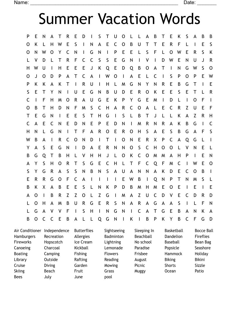 100 Summer Vacation Words Word Search WordMint