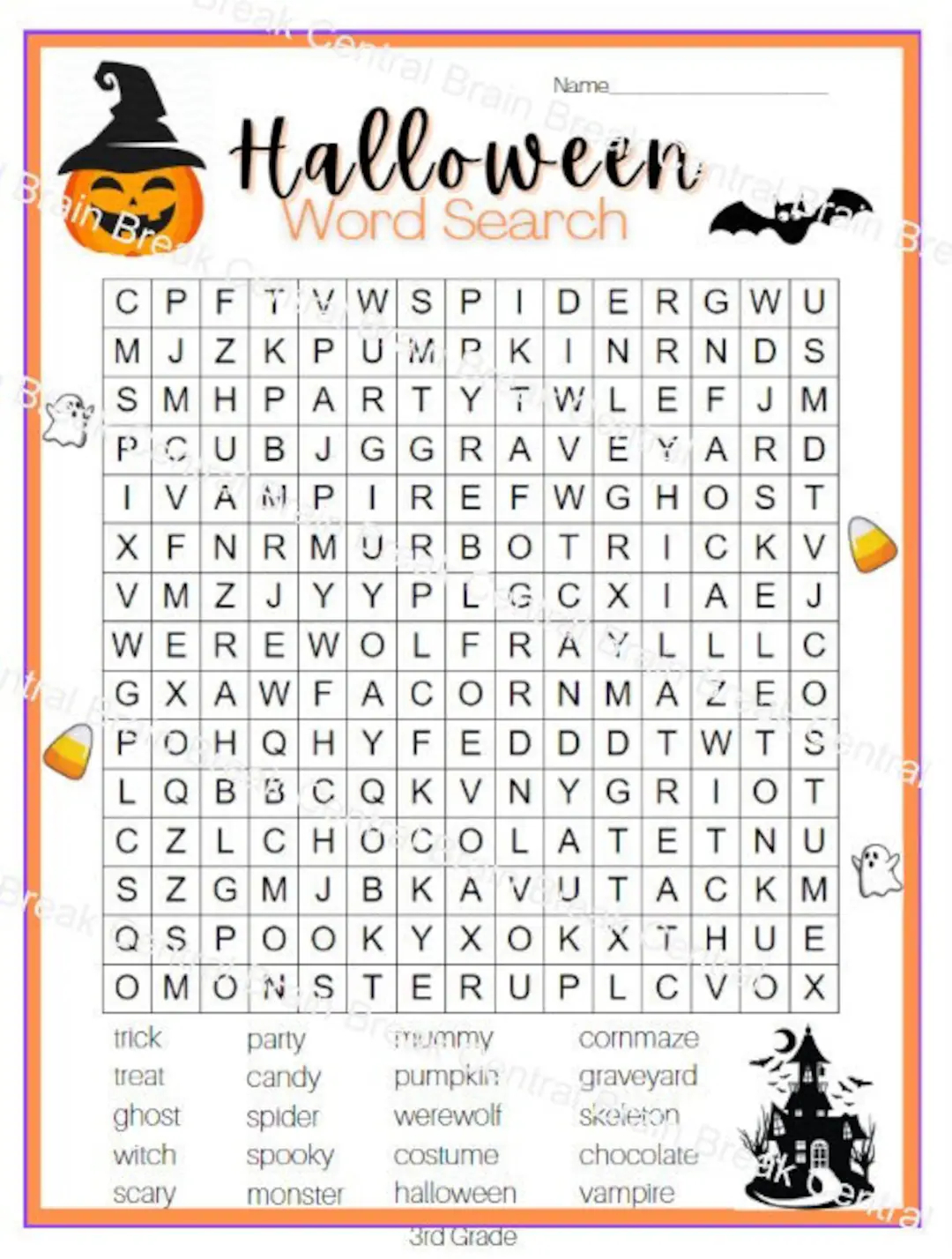 3rd grade halloween word search with answer key etsy