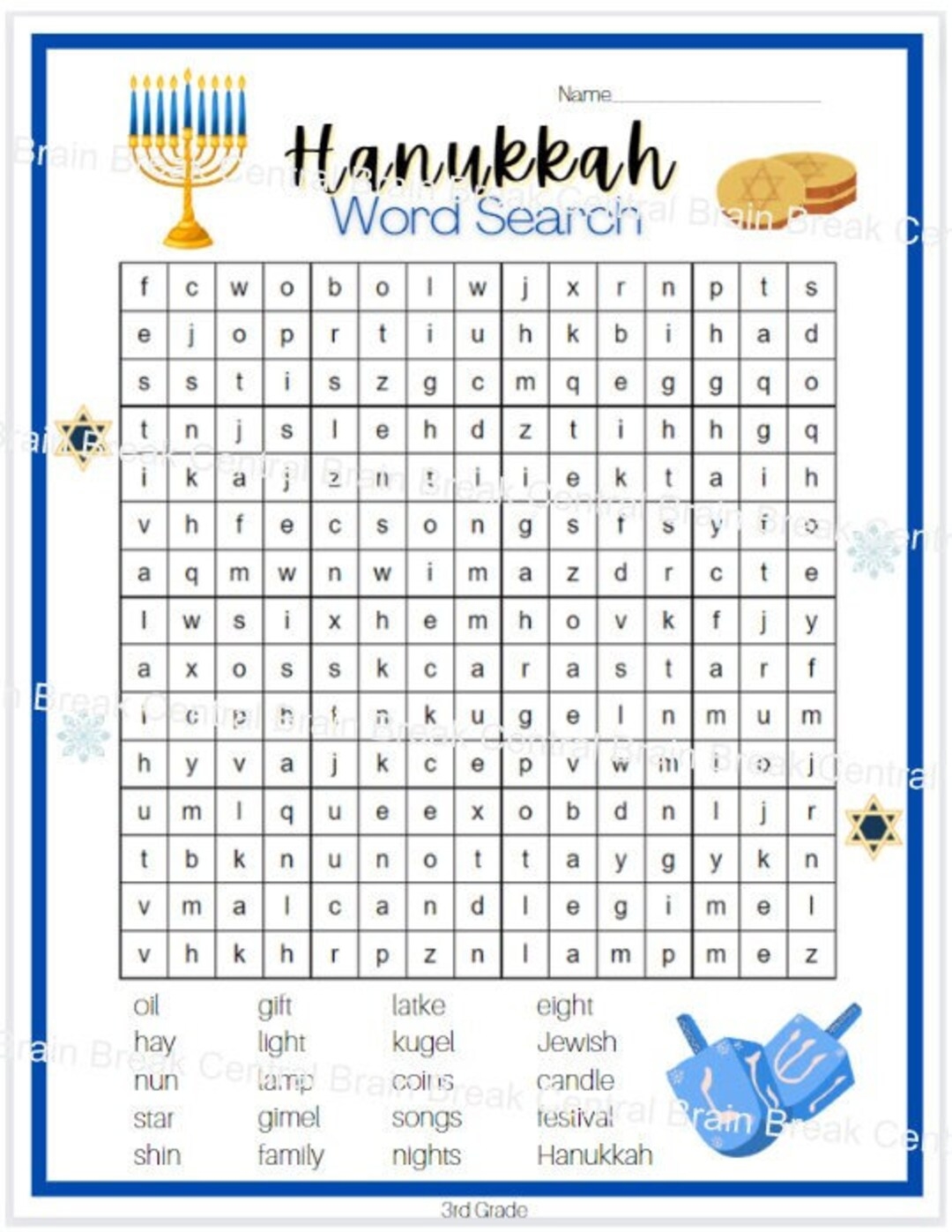 3rd Grade Hanukkah Word Search With Answer Key Printable Etsy