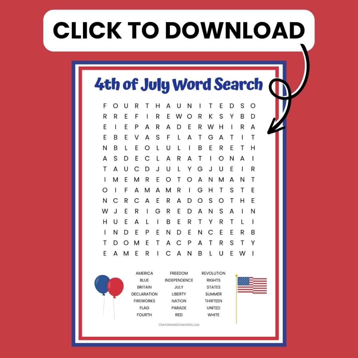 Word Search For Kids 4 Of July