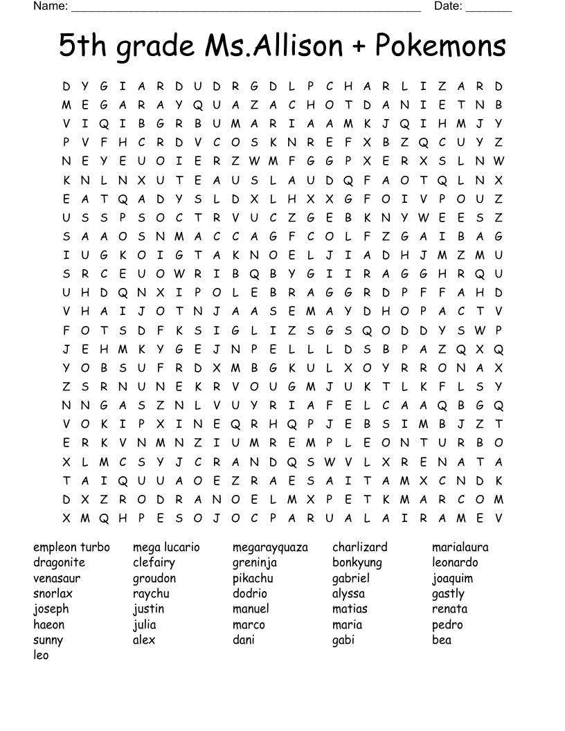 5th Grade Ms Allison Pokemons Word Search WordMint