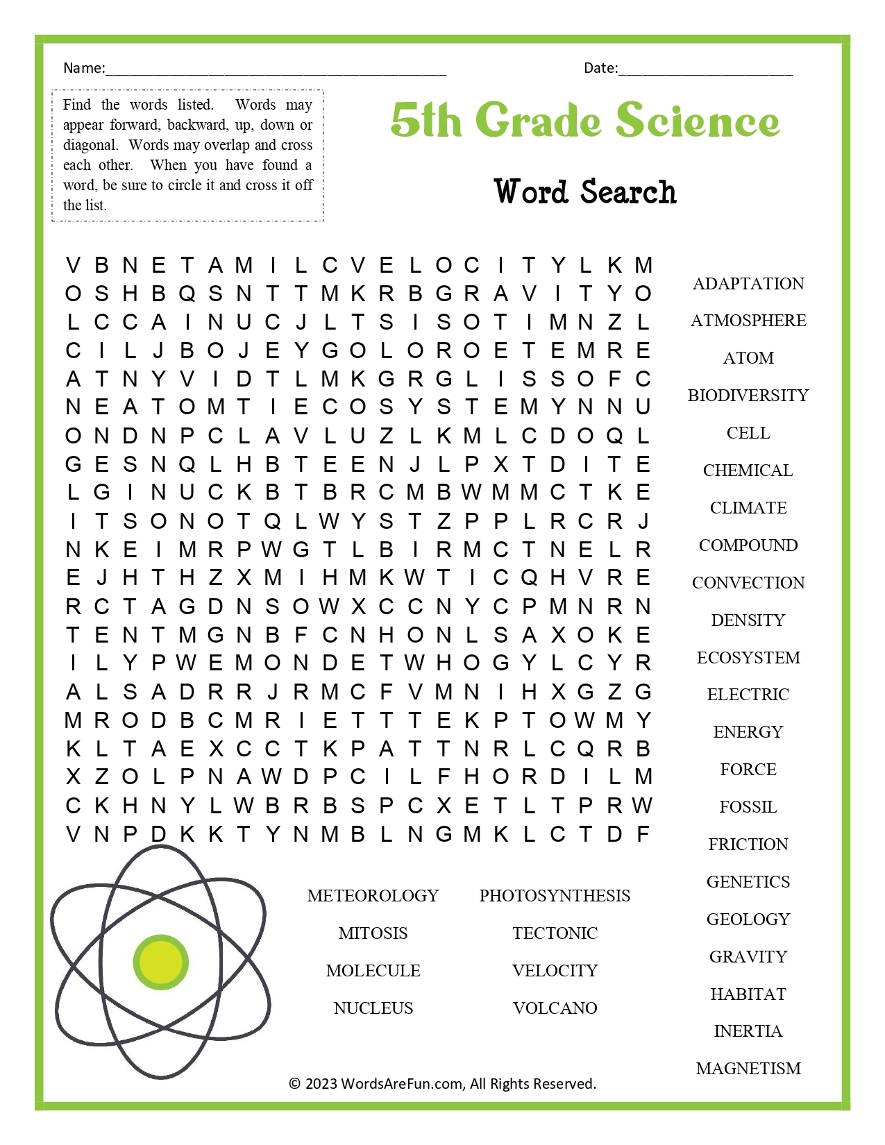 5th grade science word search