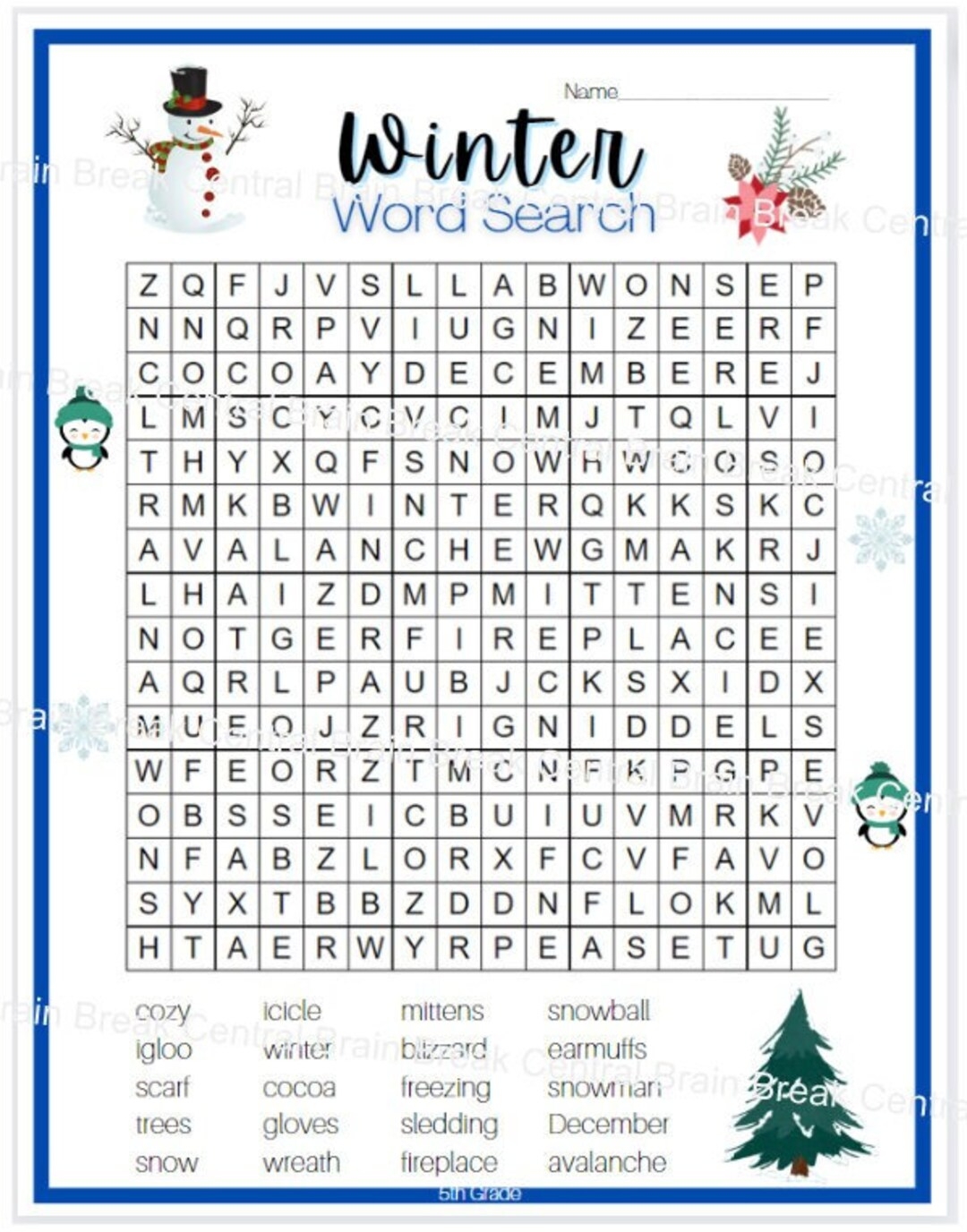 5th Grade Winter Word Search With Answer Key Printable Etsy