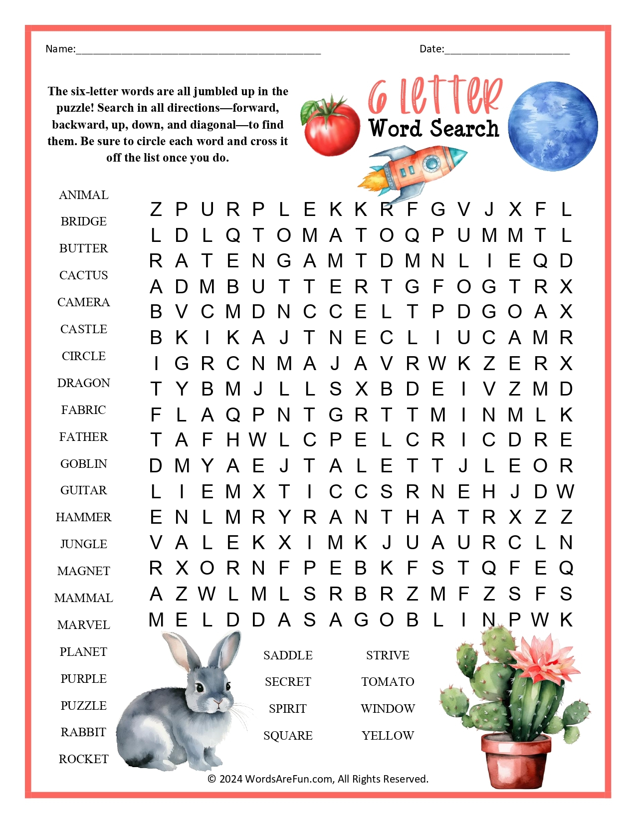 English Word Search For Grade 6