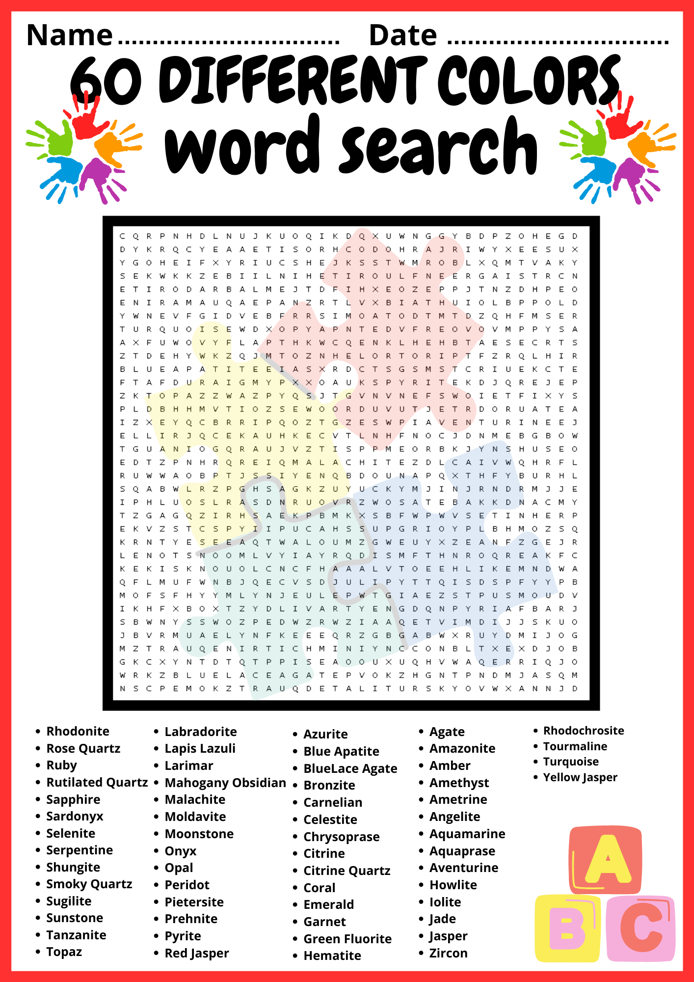 60 DIFFERENT COLORS WORD SEARCH Middle School Fun Activity Vocabulary Made By Teachers