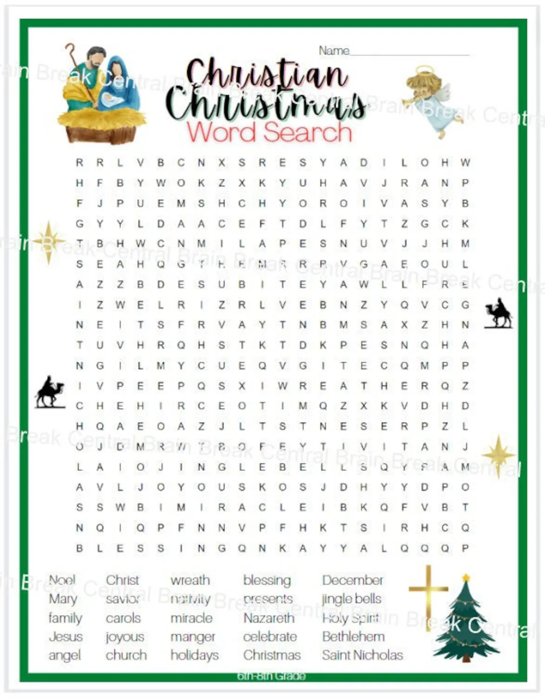 6th 8th grade christian christmas word search with answer key printable etsy