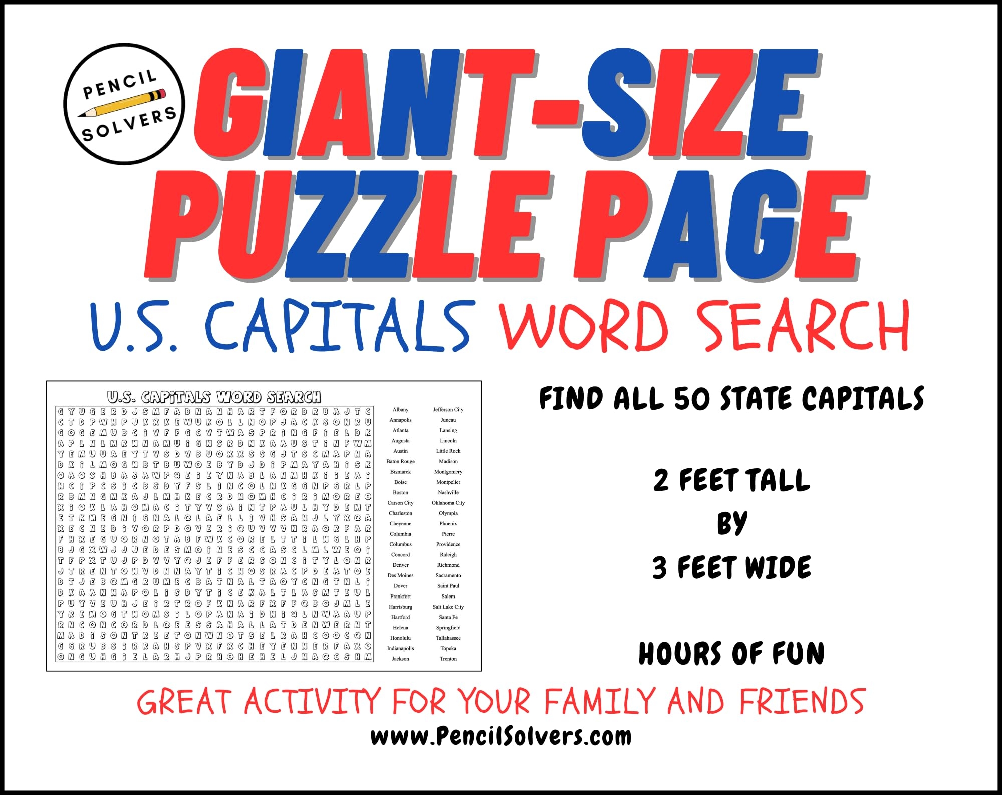 Amazon Giant Size Puzzle Page U S Capitals Word Search Education Edition 24 Tall X 36 Wide Fun Family Actiivity With Kids Great Classroom Activity Toys Games