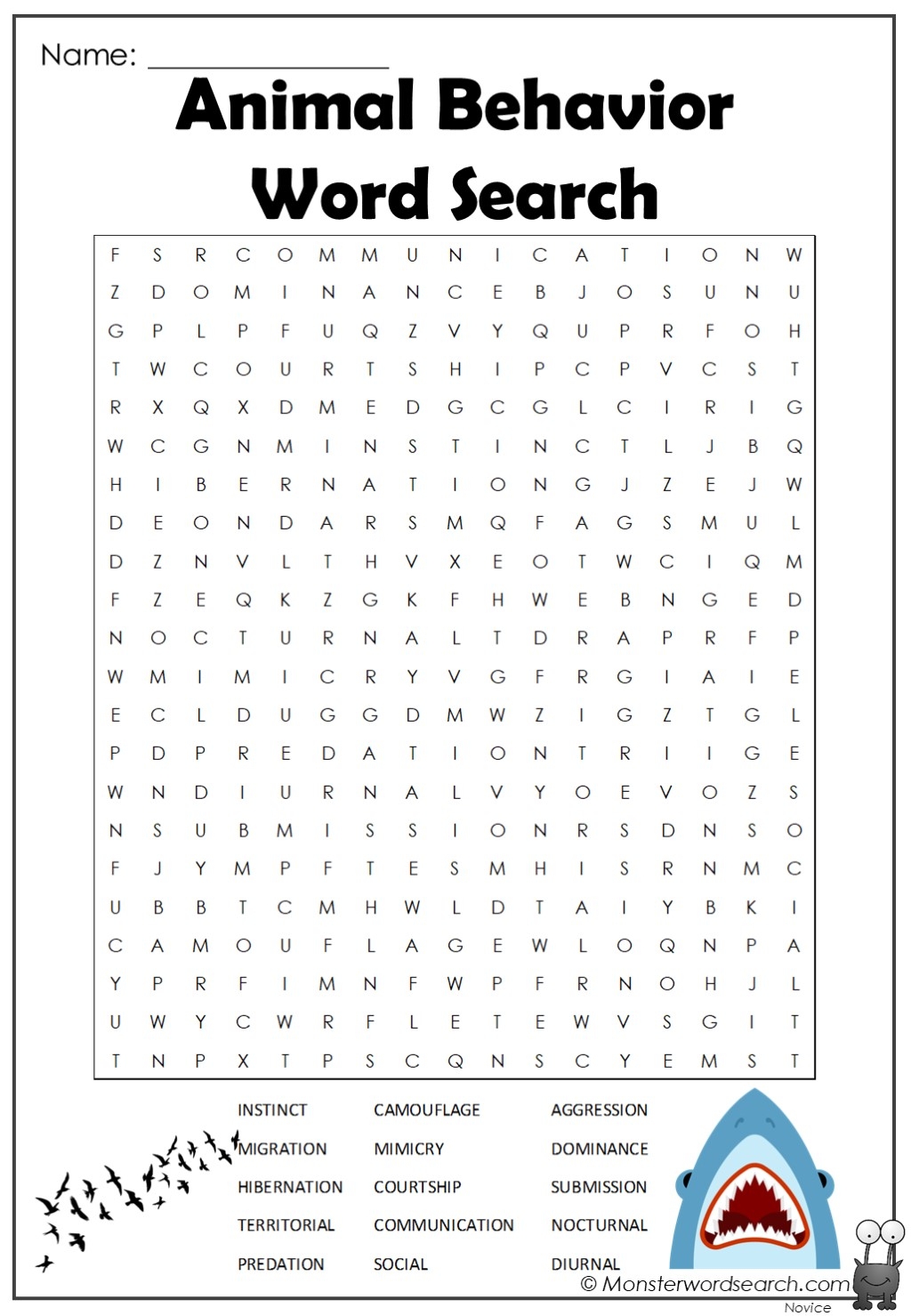 animal behavior word search monster word search