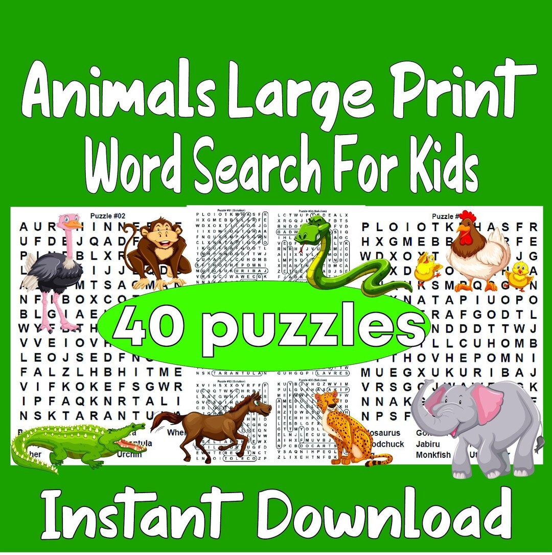 Animals Large Print Word Search For Kids Word Search Printable With Solutions instant Download zoo Animal Word Search Etsy