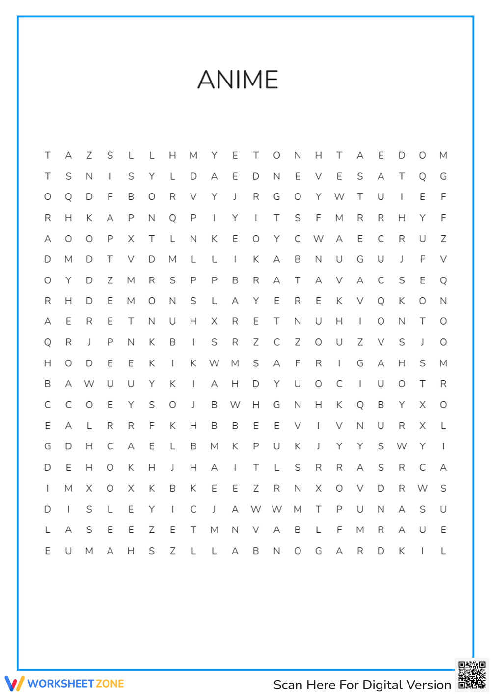 Anime Word Search Printable