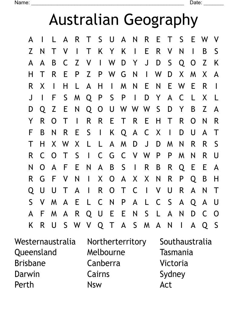 Australian Geography Word Search WordMint