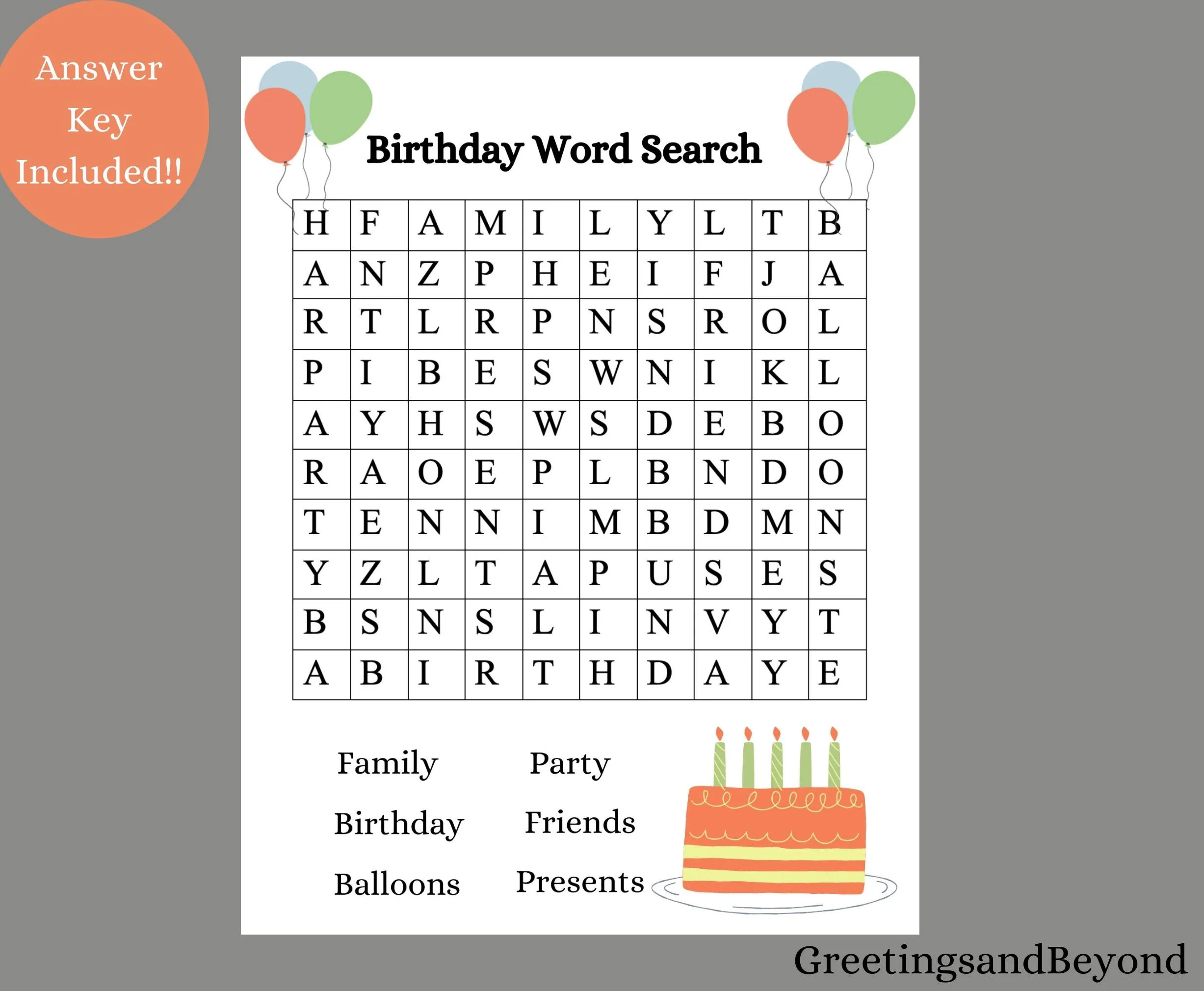 Birthday Word Search Printable Digital Download Printable PDF Etsy