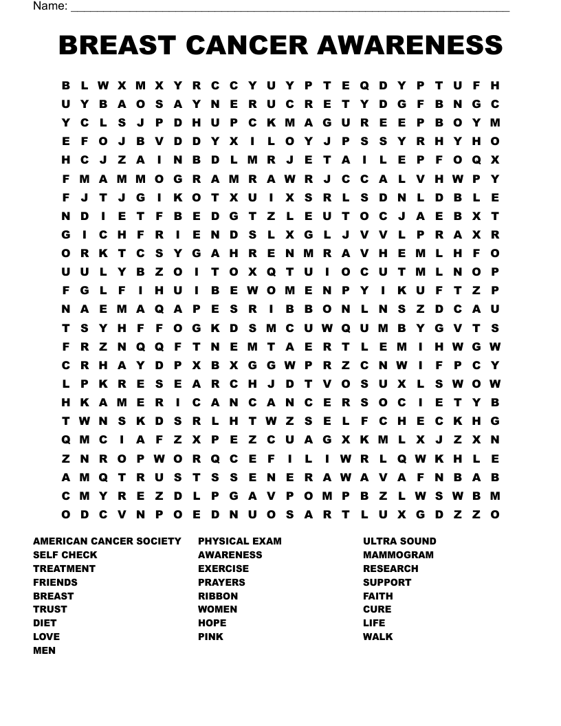 Free Printable Breast Cancer Word Search Free Printable Breast Cancer Word Search