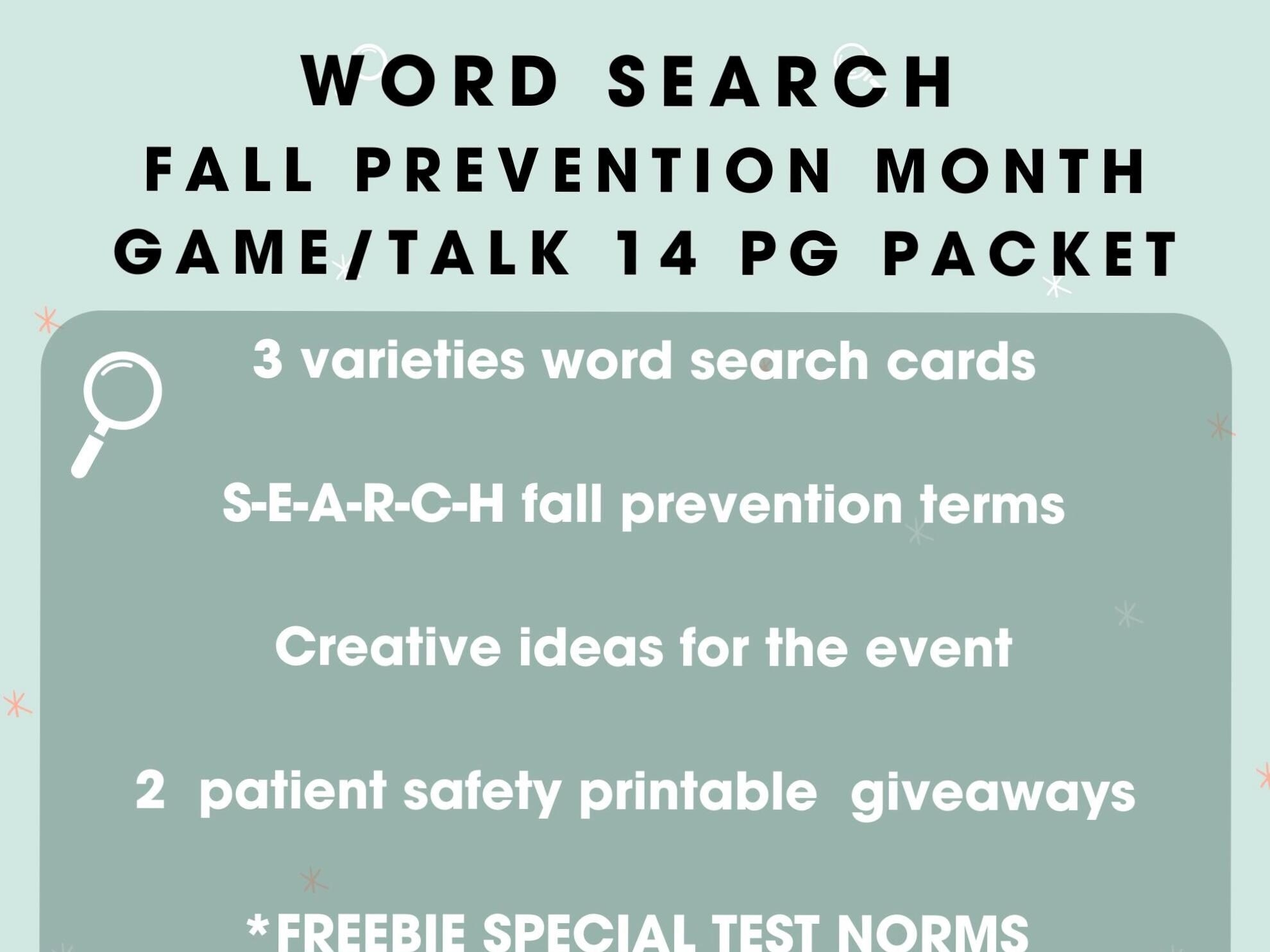 Buy Fall Prevention Month Word Search Senior Care Talk And Game Packet With Creative Ideas 2 Health Handouts Freebie Special Test Sheet Online In India Etsy