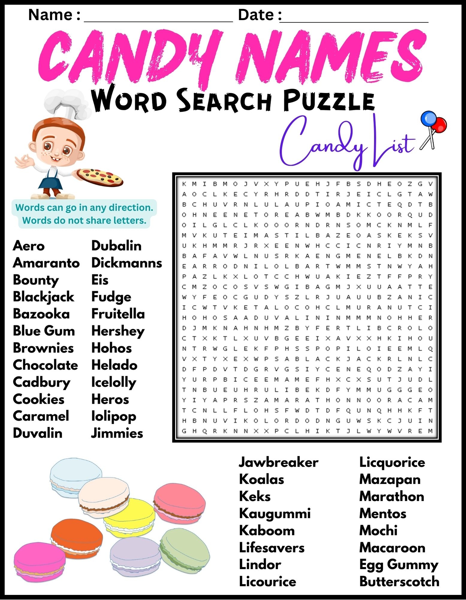 CANDY NAMES Word Search Puzzle Worksheet Activity Candy List Made By Teachers