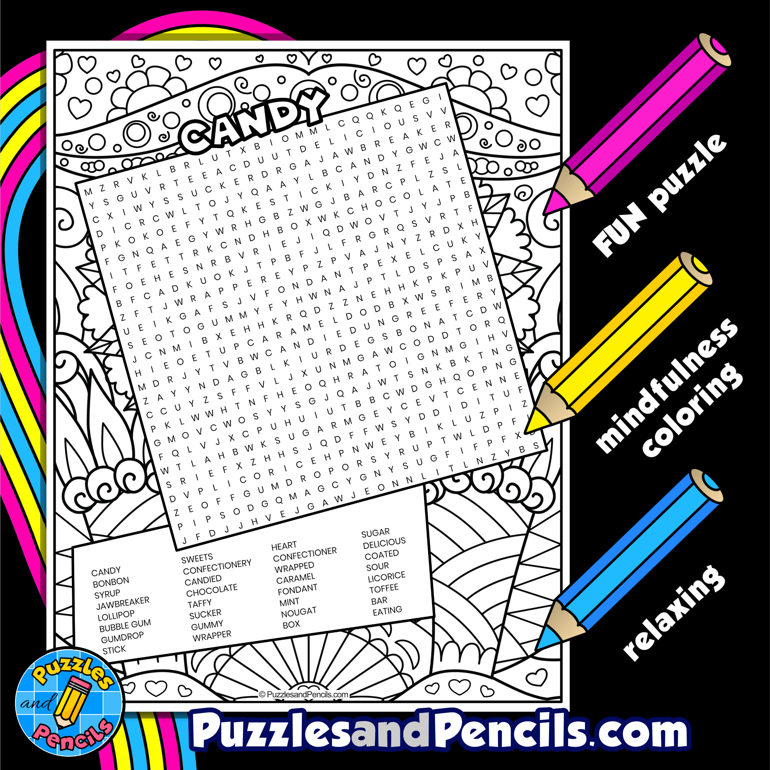Candy Word Search Puzzle With Coloring Valentine s Day Wordsearch Made By Teachers