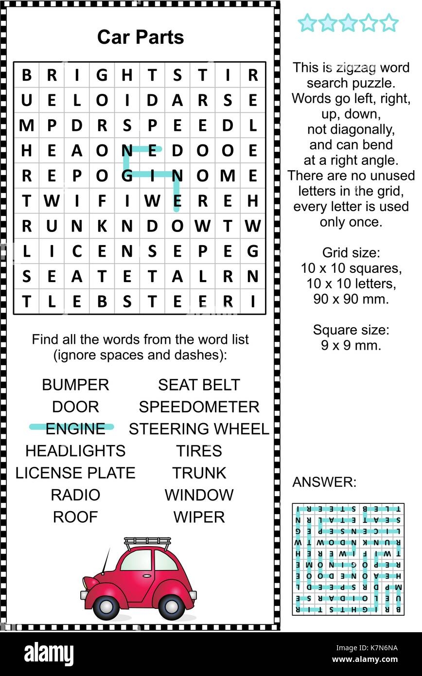 Car Parts Themed Zigzag Word Search Puzzle suitable Both For Kids And Adults Answer Included Stock Vector Image Art Alamy