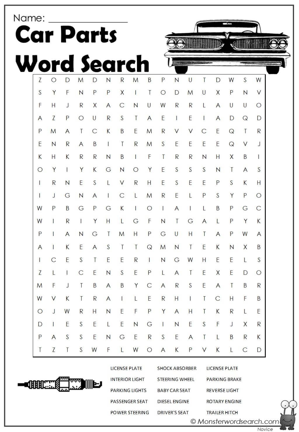 Car Parts Word Search Monster Word Search