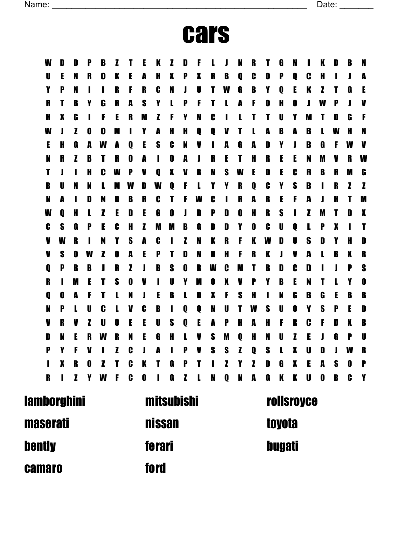 Car Types Word Search WordMint