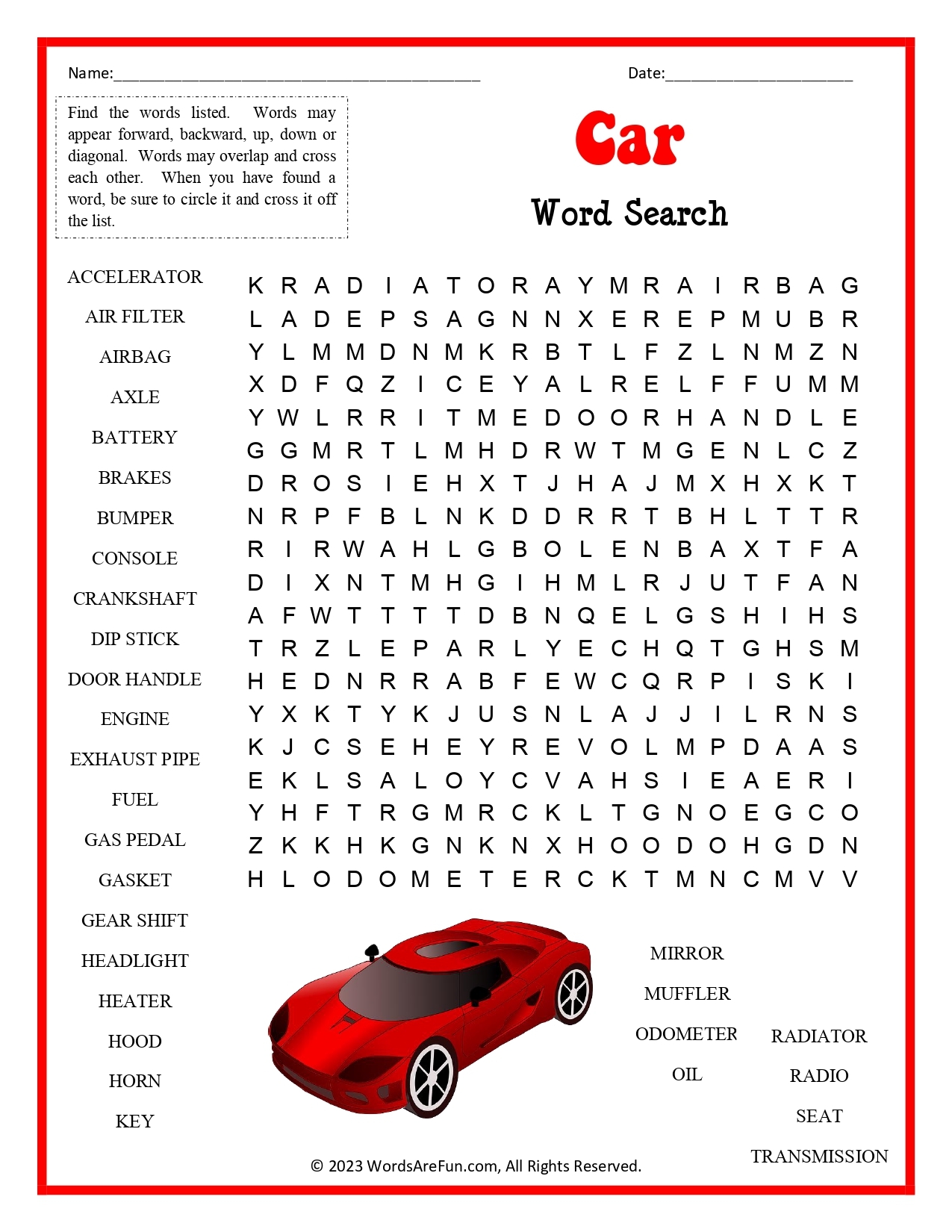 Car Word Search Car Word Search