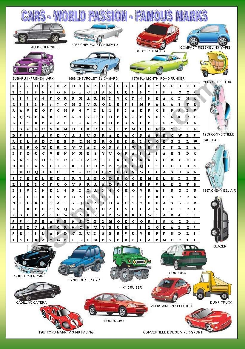 CARS WORDSEARCH KEY ESL Worksheet By Ell 