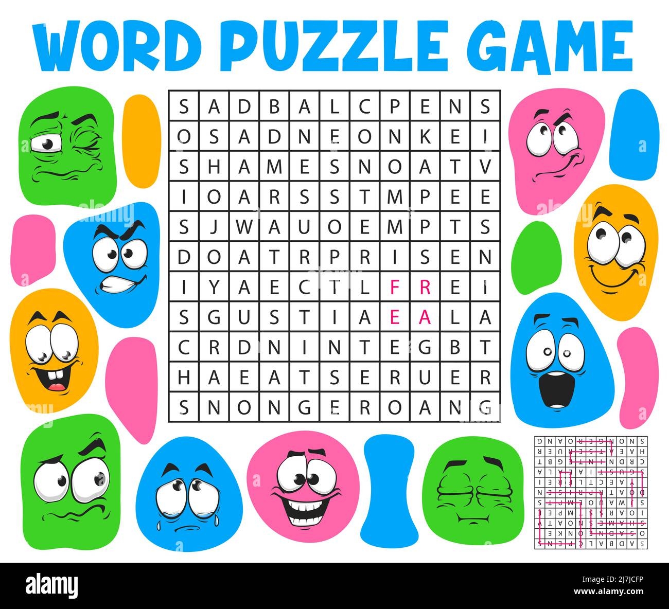 Cartoon Face Emotions And Expressions Word Search Puzzle Game Worksheet Vector Kids Quiz Grid Riddle Game