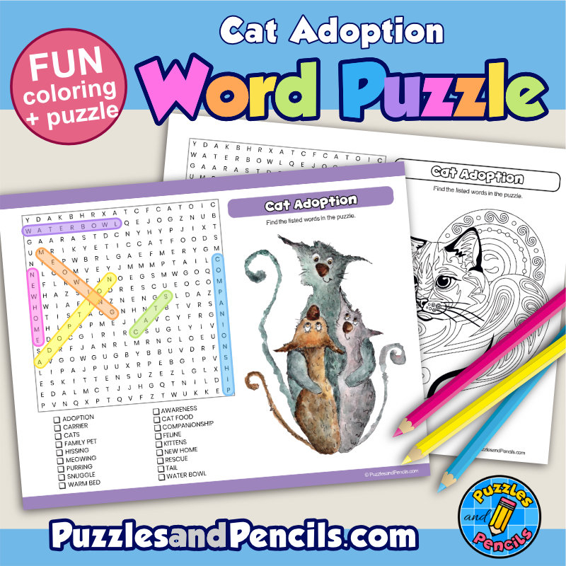 Cat Adoption Word Search Puzzle Activity And Coloring Cat Wordsearch Made By Teachers