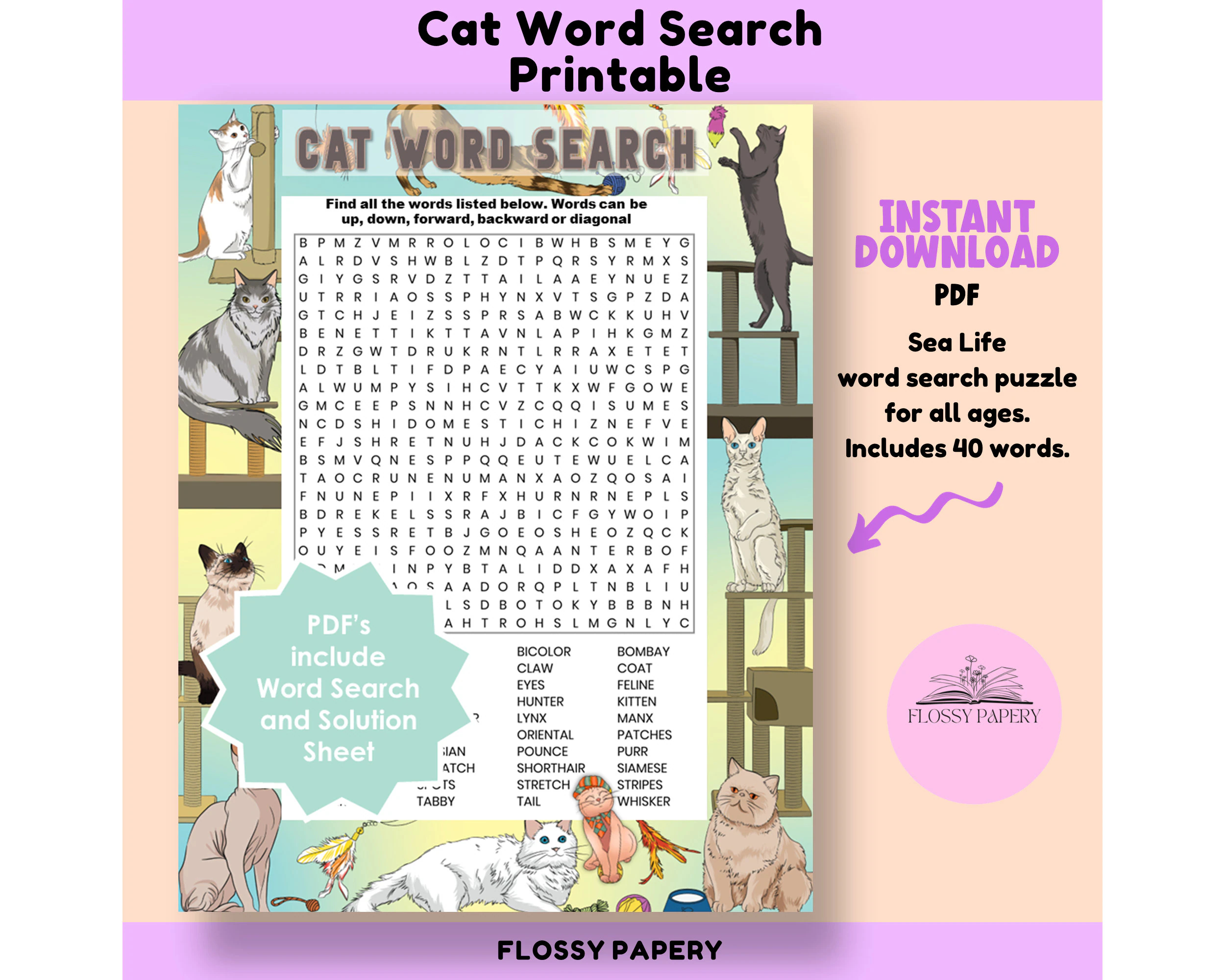 Cat Word Search Printable PDF Large Word Search Puzzle Etsy