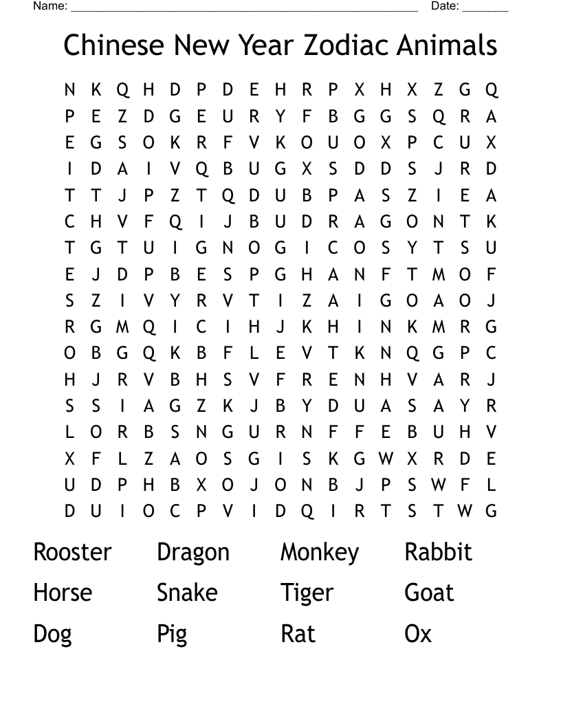 Chinese New Year Zodiac Animals Word Search WordMint