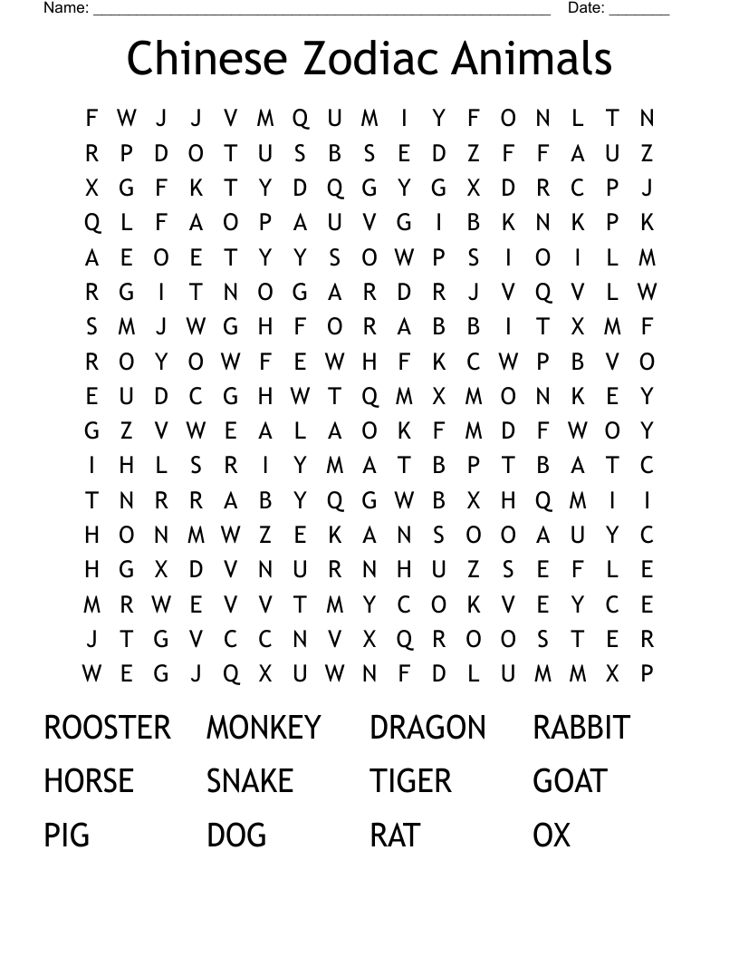 Chinese Zodiac Animals Word Search WordMint Chinese Zodiac Animals Word Search WordMint