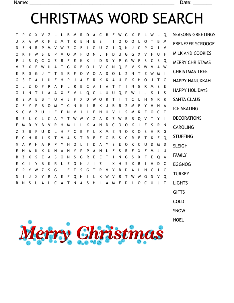 Printable Christmas Word Search Hard