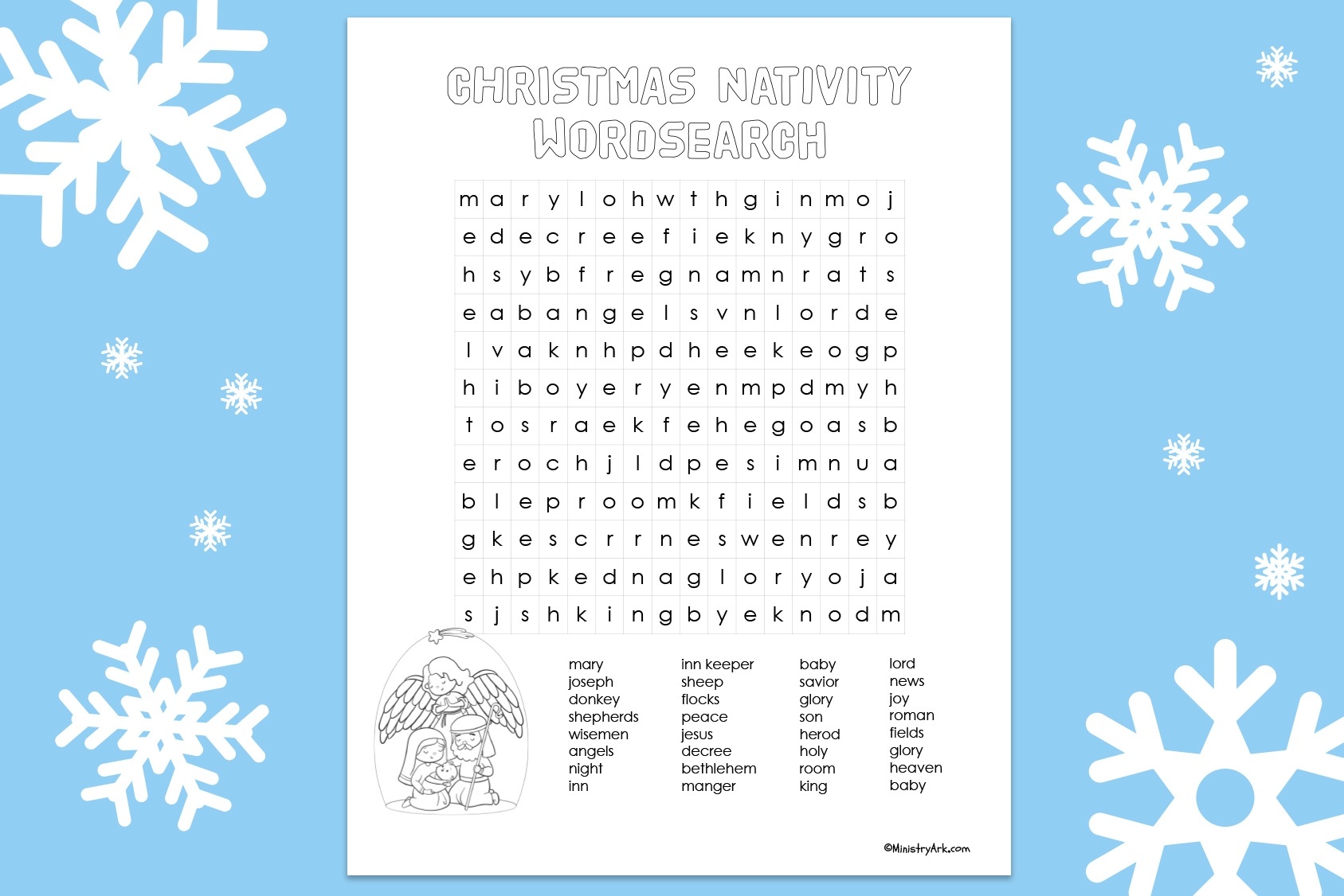 christmas nativity wordsearch printable ministryark