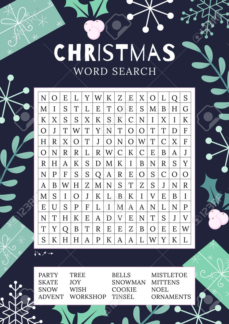 Christmas Word Search Puzzle Holiday Crossword Worksheet Find 16 Hidden Words Party Card Fun Printable Winter Time Activities For Adults And Kids Vector Eps 10 Royalty Free SVG Cliparts Vectors And Stock