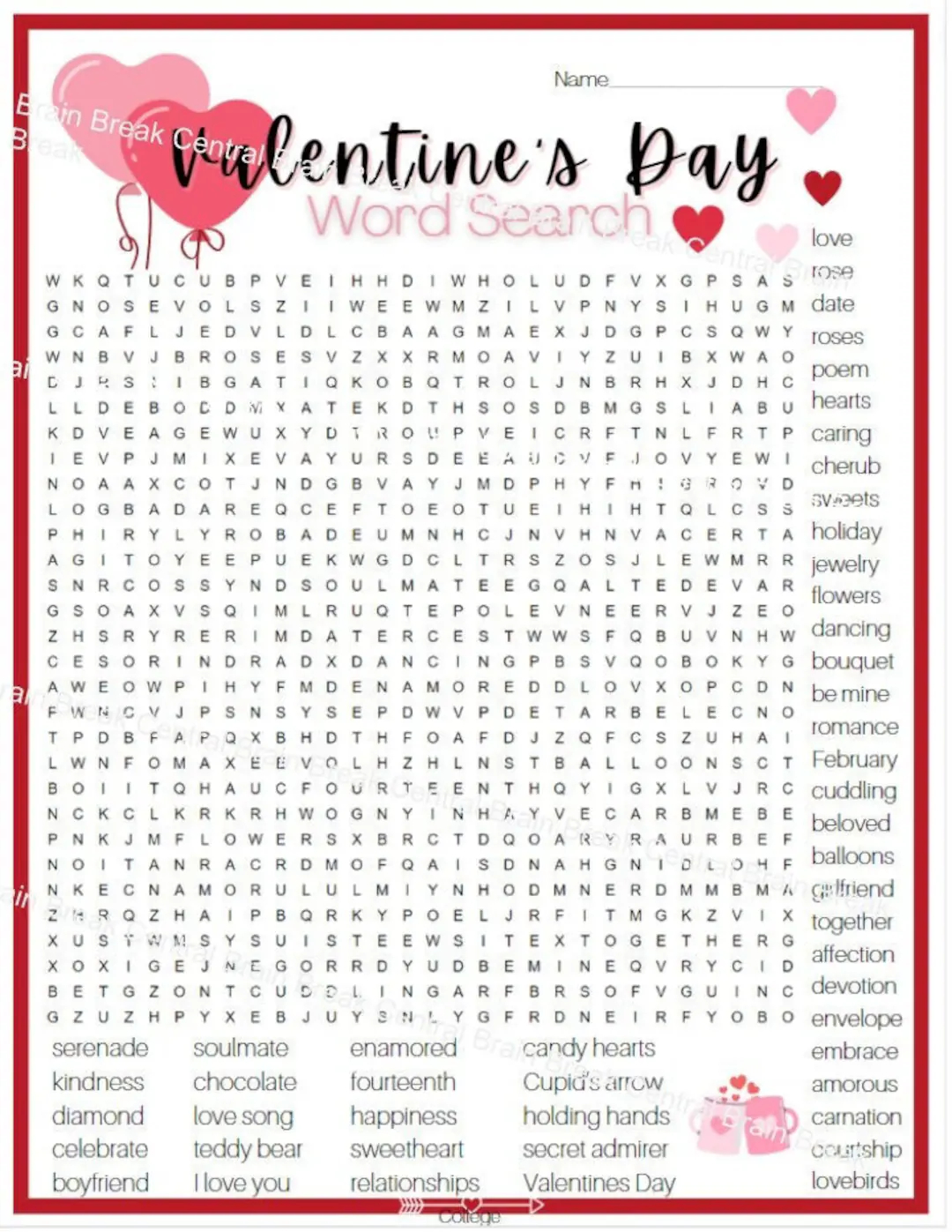 college adult valentine s day word search with answer key printable etsy