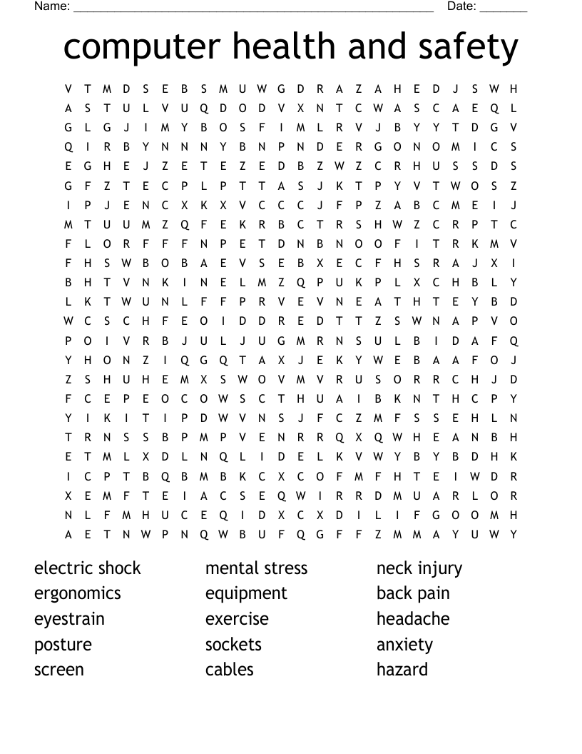 Computer Health And Safety Word Search WordMint
