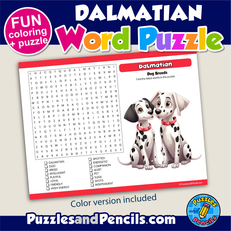 Dalmatian Word Search Puzzle Activity Page And Coloring Dog Breeds Made By Teachers