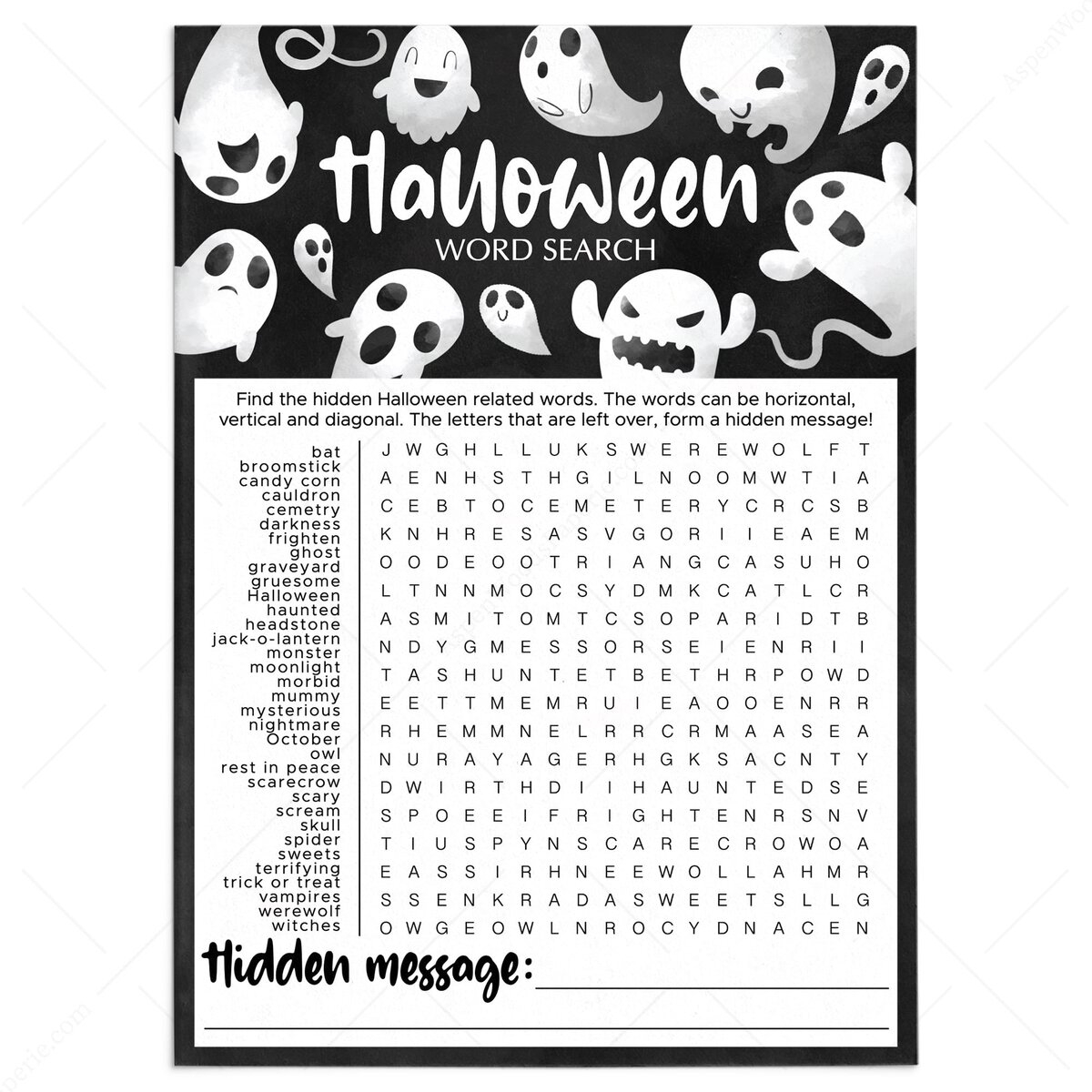 difficult halloween word search printable game instant download