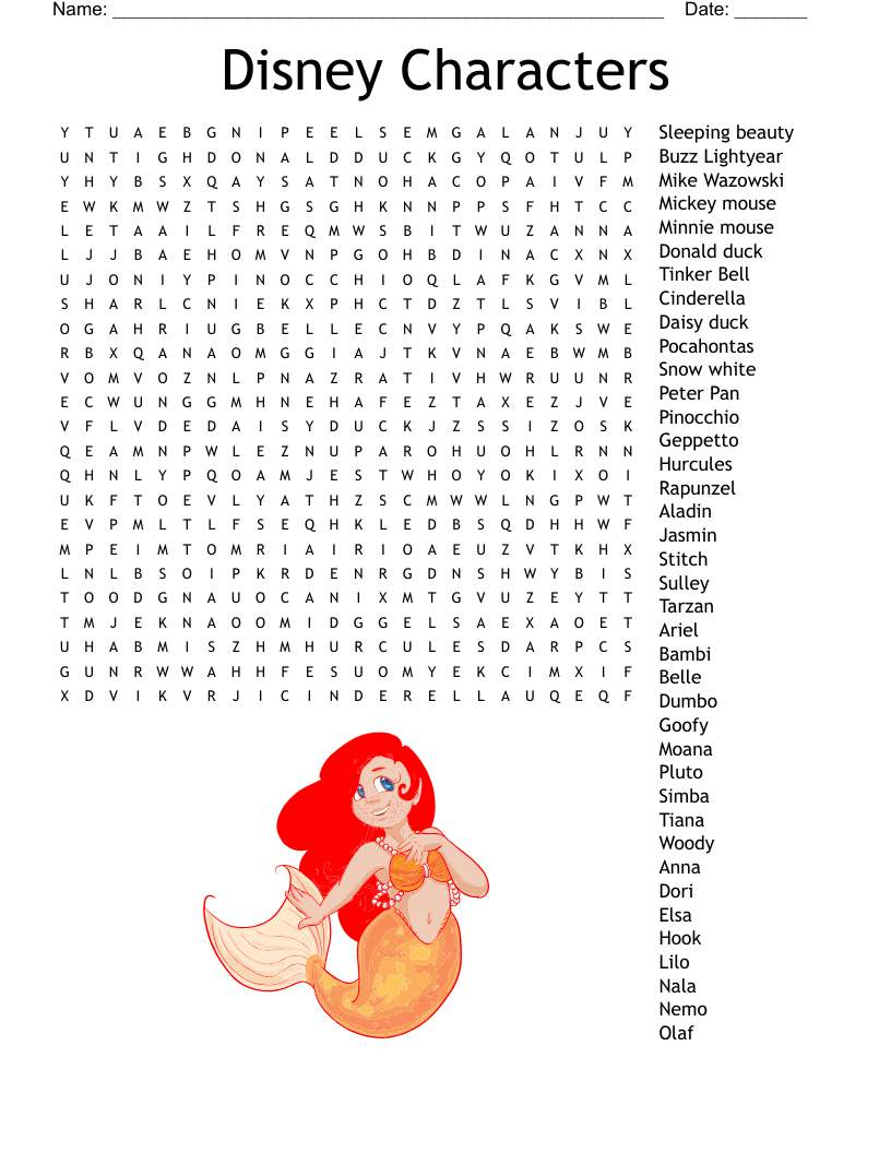 Disney Characters Word Search WordMint