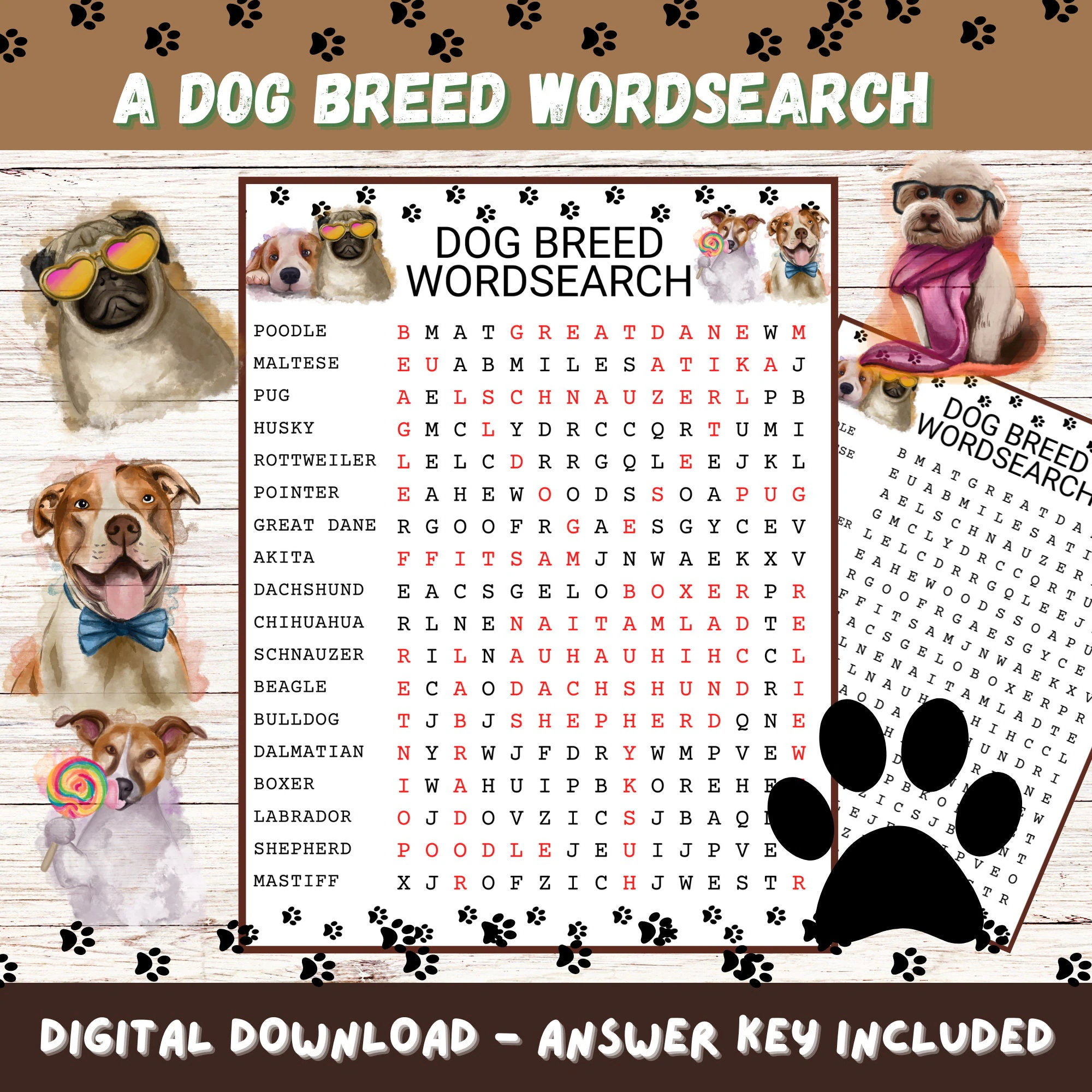 Dog Breed Wordsearch Printable With Answers Fun Game Dog Game Wordsearch Activity