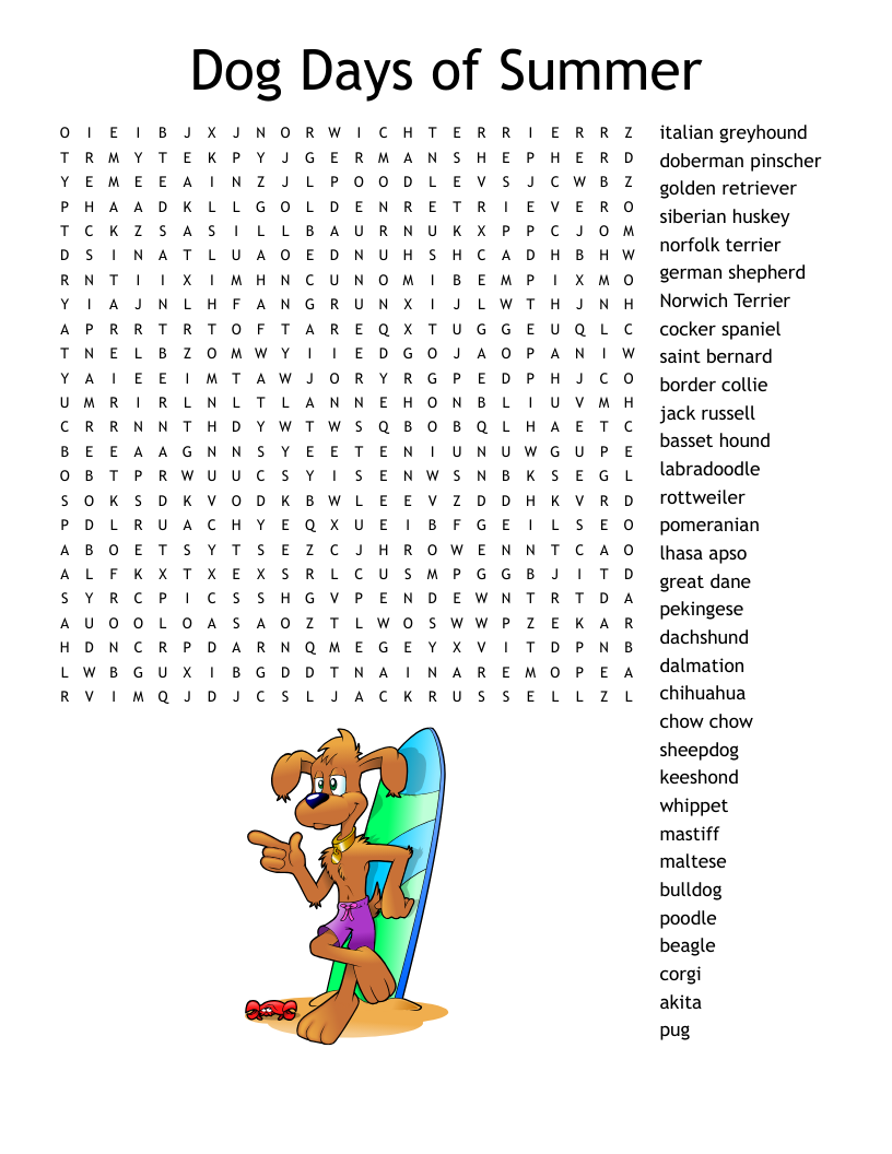 Dog Breed Word Search Printable Large Print