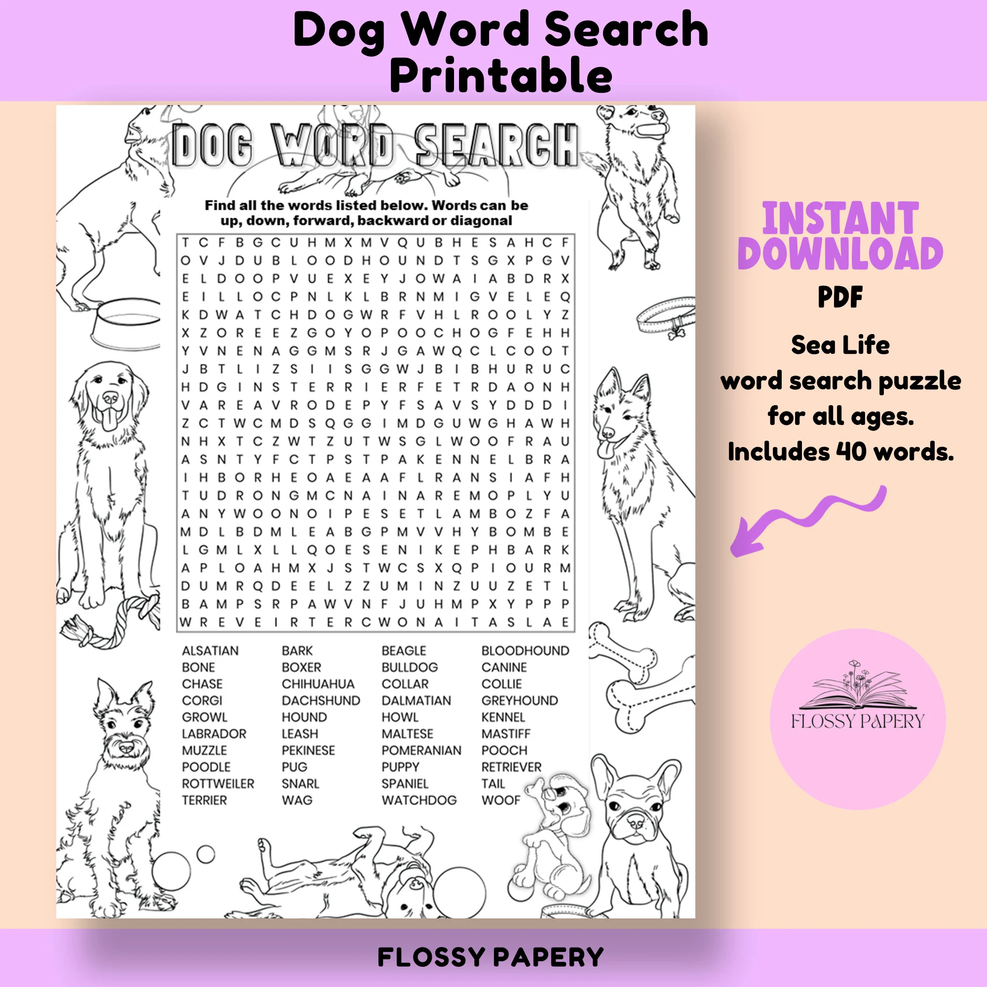 Dog Word Search Etsy