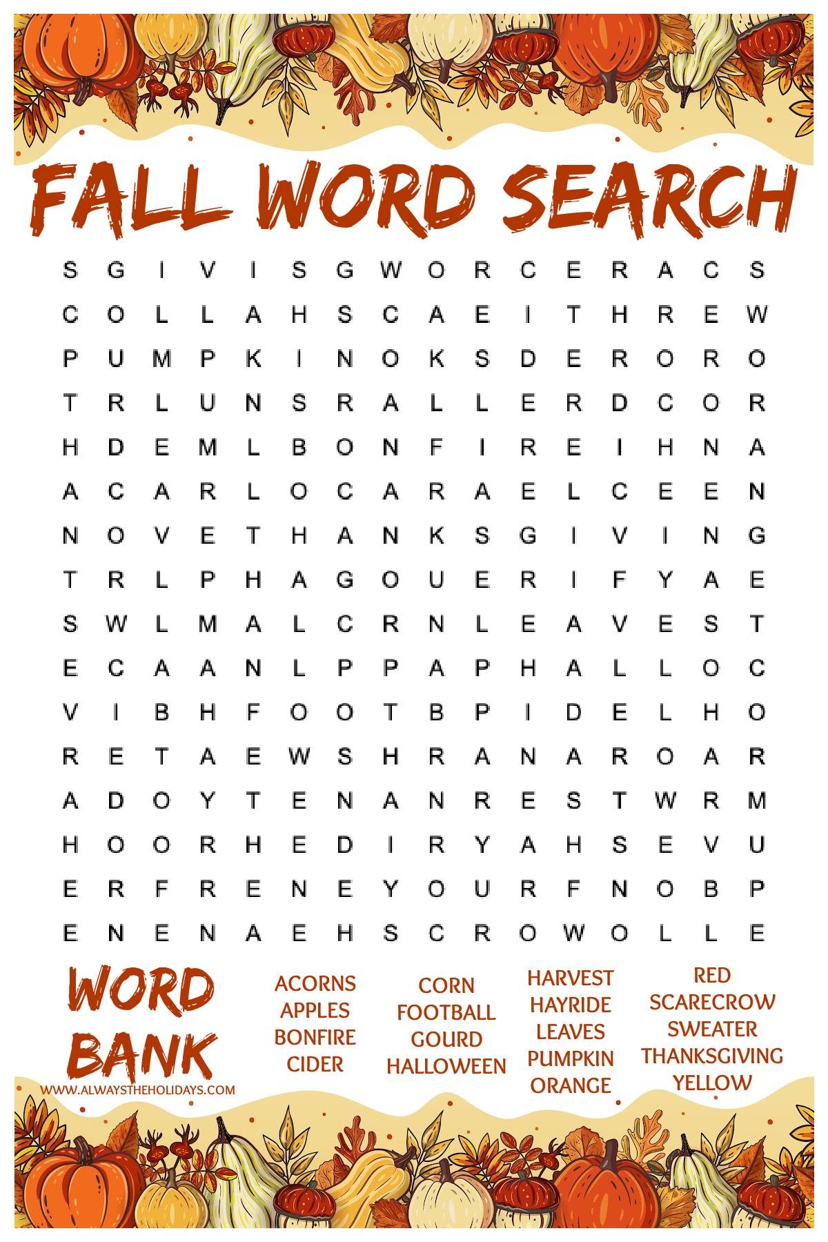 Fall Word Search Printable Free