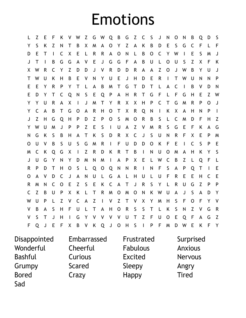 Emotions Word Search Easy