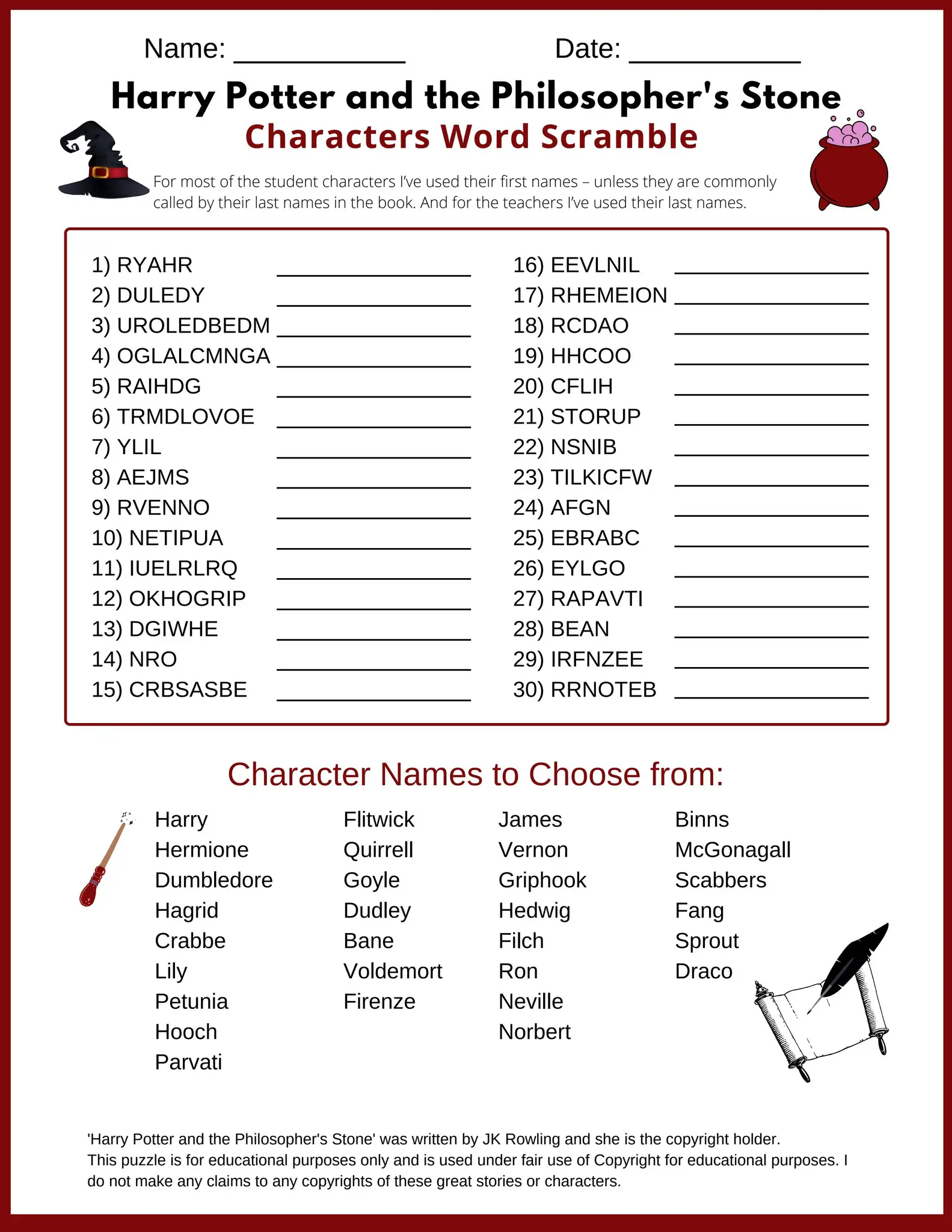 Harry Potter Word Search Printable Pdf