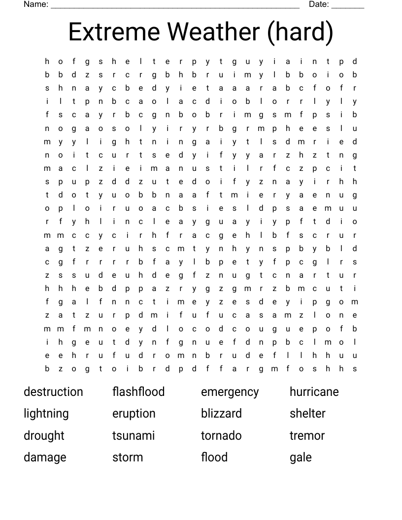 Extreme Weather hard Word Search WordMint
