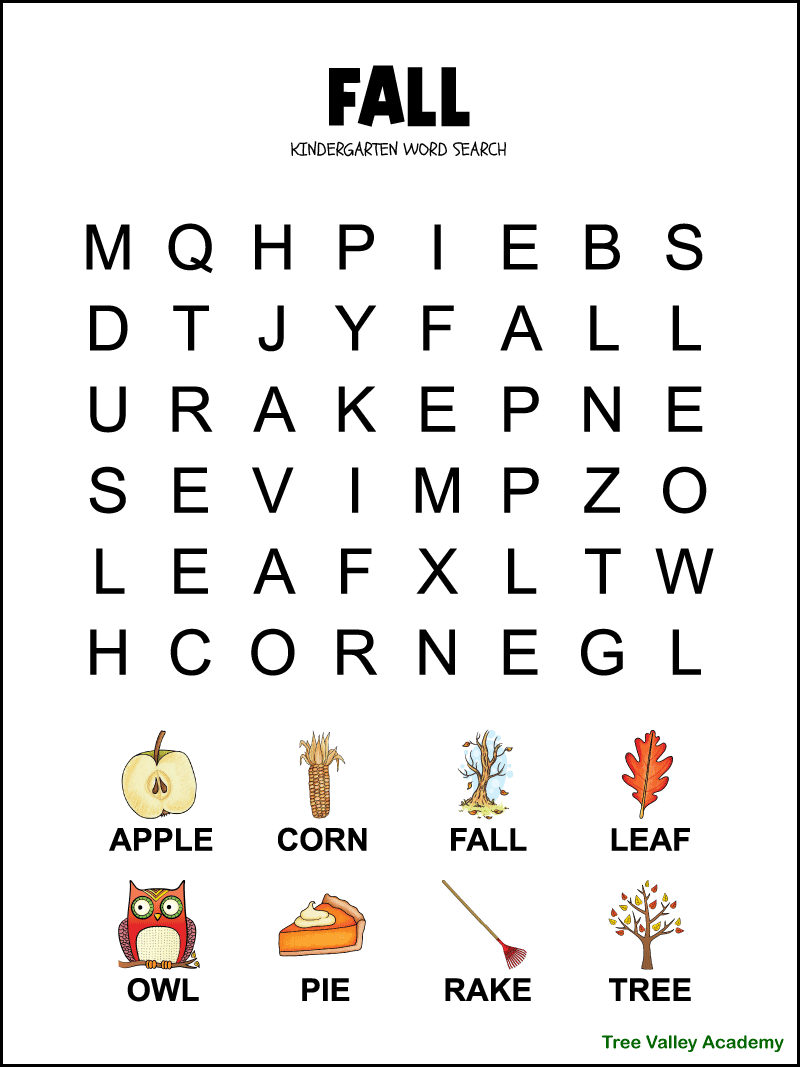 fall word search for kindergarten tree valley academy