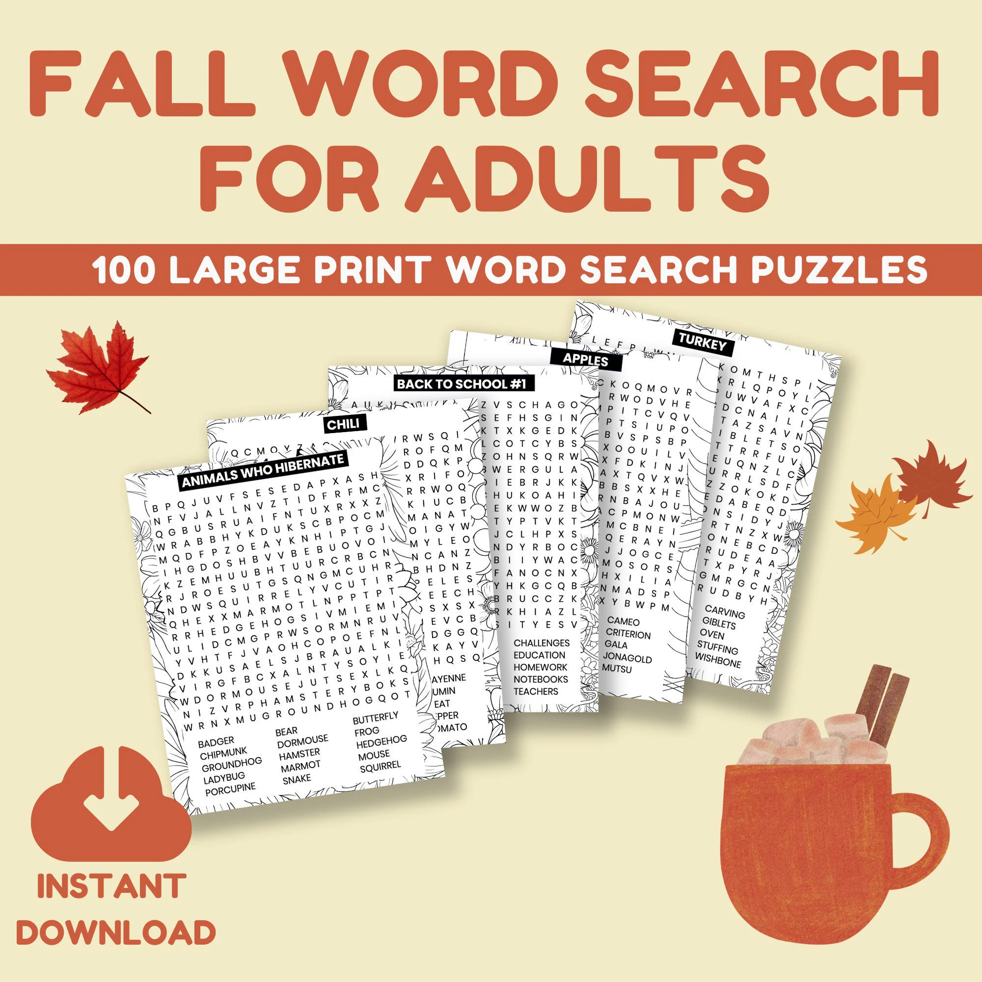 Fall Word Search Large Print Word Search For Adults Fall Activities Printable Fall Puzzle Autumn Word Search Puzzles Printable Etsy